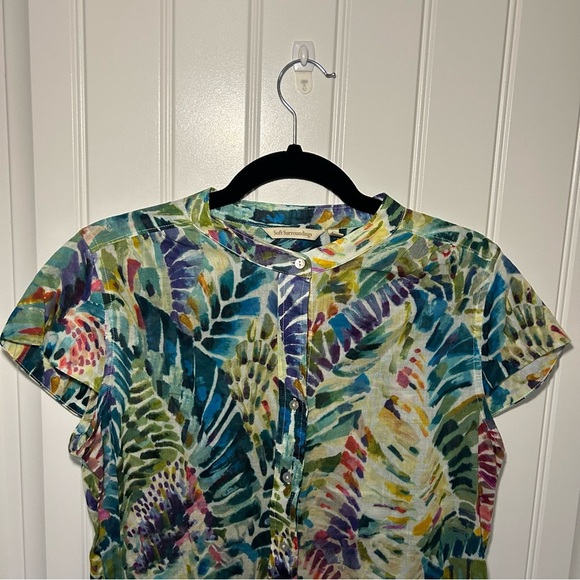 Soft Surroundings Anthea Multi-Color Hawaiian Palm Button Up Short Sleeve Blouse - Picture 2 of 10